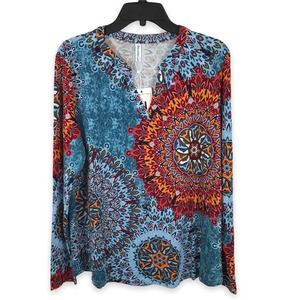 Neineiwu V-Neck Multicolor Long Sleeve Stretch Popover Top